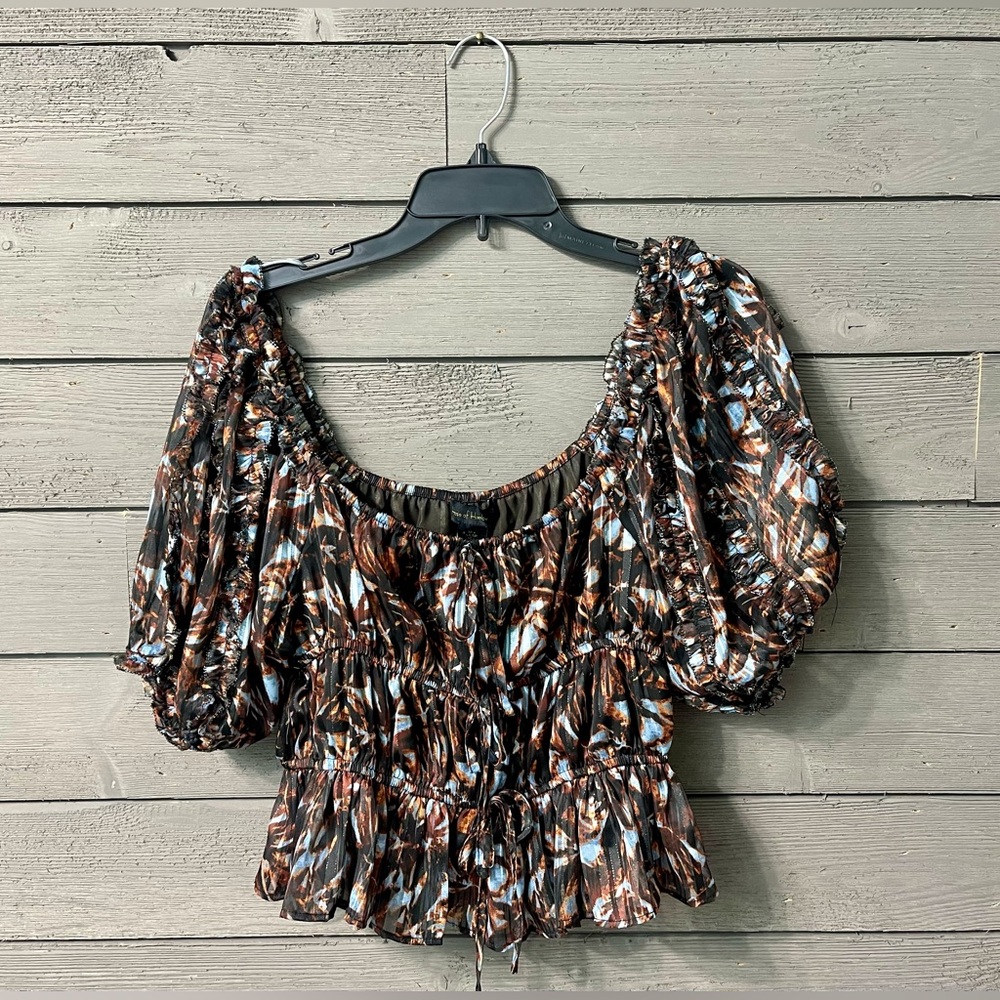 NWT House of Harlow Brown Blue Shimmer Boho Peasant Top Sz S Summer Party Office